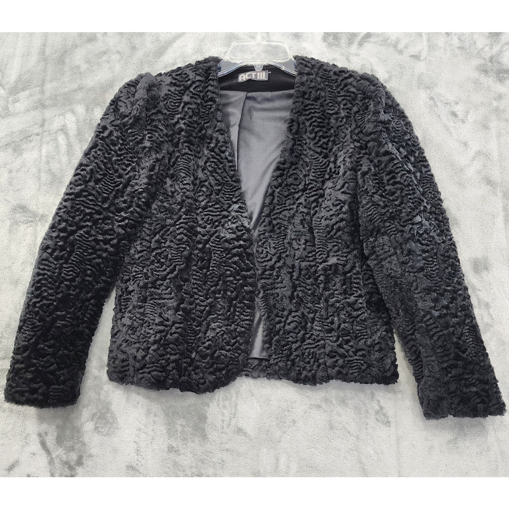 Vintage‎ Act III Faux Fur Jacket Womens 10 Black Curly Parsian Lamb Open Front